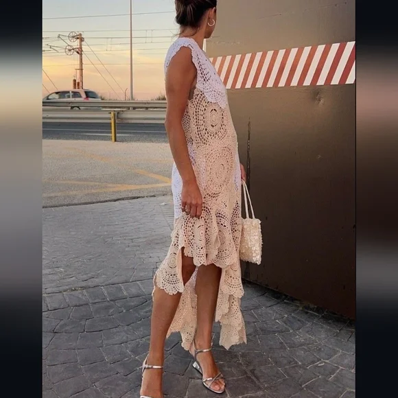 RARE ZARA LIMITED EDITION NWT CROCHET KNIT ASYMMETRICAL DRESS  Beige - Picture 3 of 13